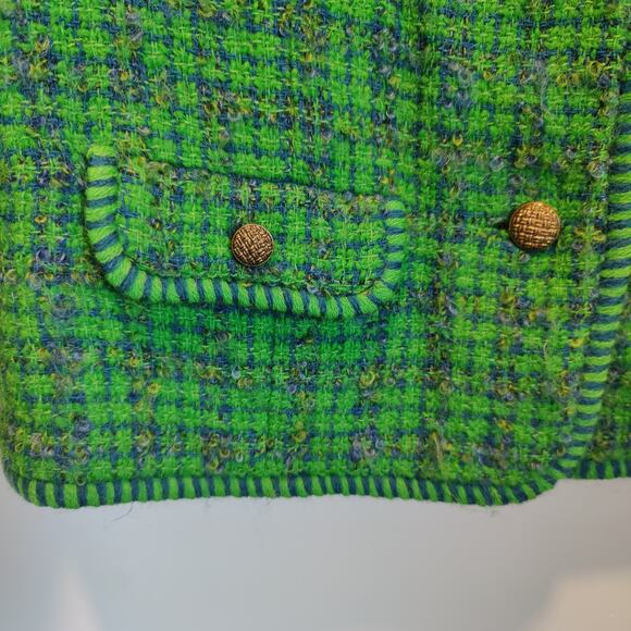 Vintage Women's Green Tweed Plaid Blazer Jacket Brass Buttons Collarless - Picture 6 of 9